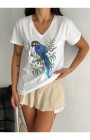 Mavi Papağan Desenli V-Yaka T-Shirt Mavi Papağan Desenli V-Yaka T-Shirt